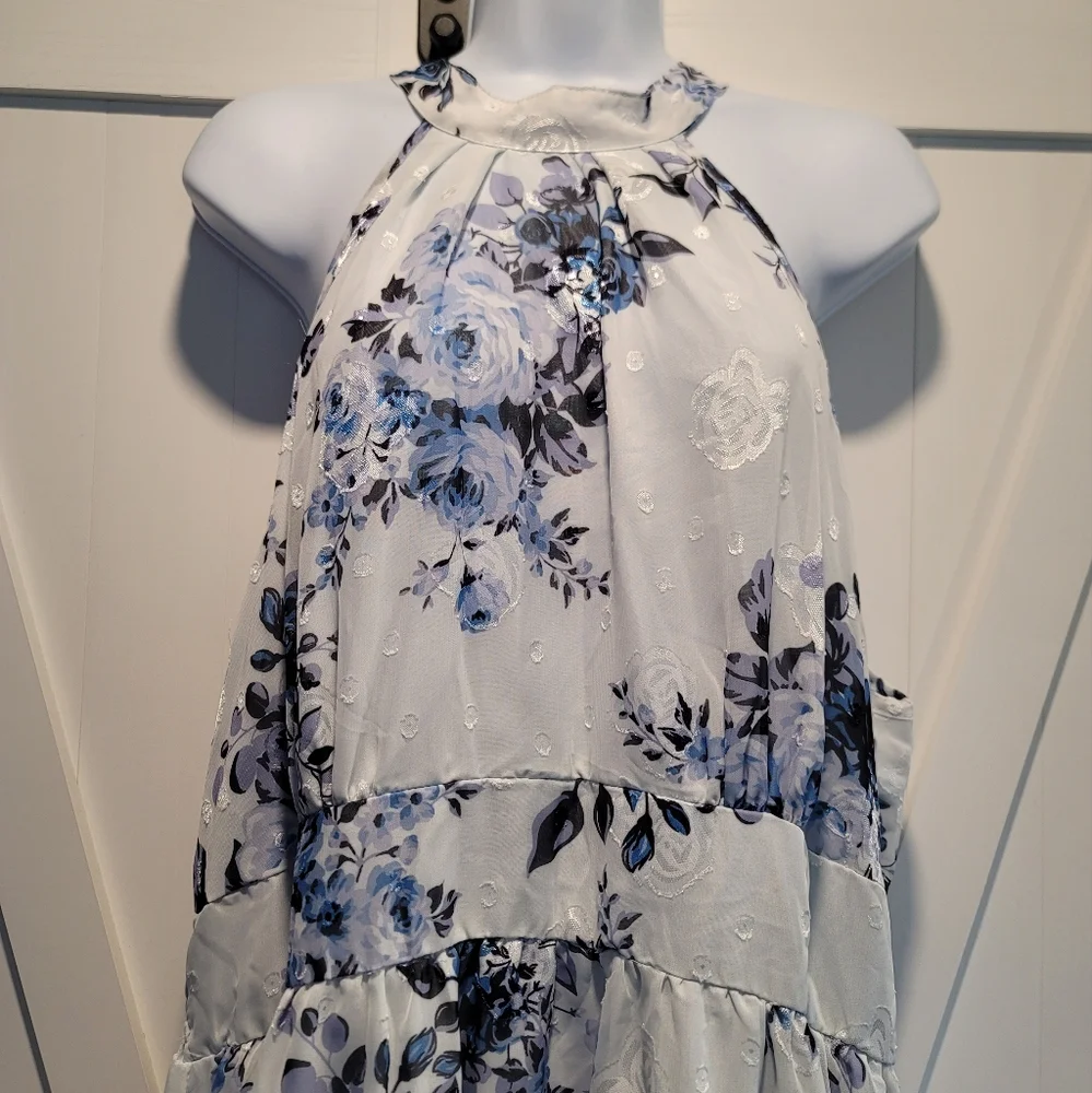NWT Blue Floral Print Sleeveless Halterneck Dress | Size 2XL - Picture 4 of 7